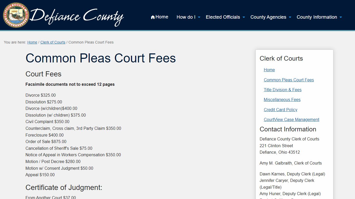 Common Pleas Court Fees | Defiance County, Ohio